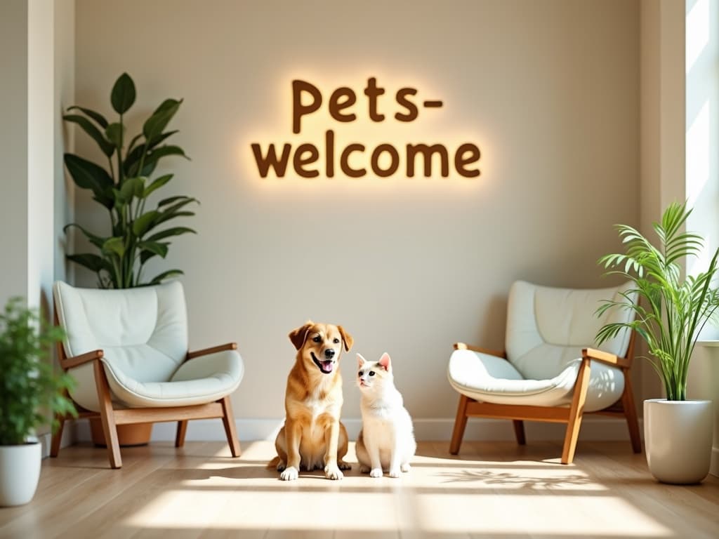Modern Thai office foyer with a pets-welcome sign and designer interior