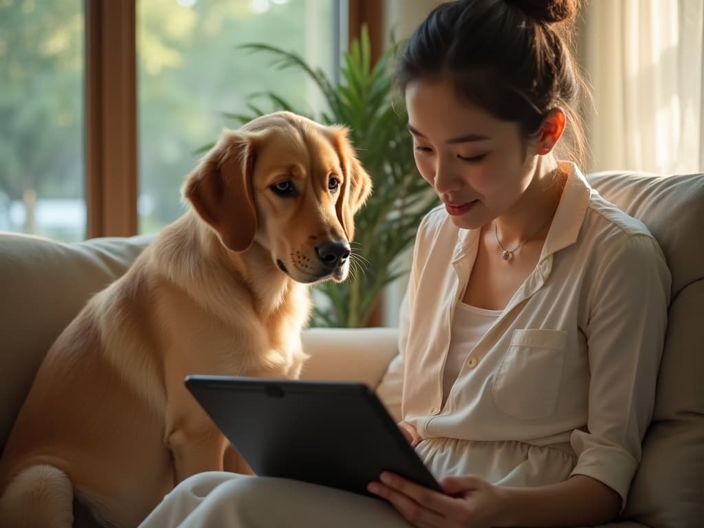 Thai pet owner watching the first LAMOON lesson on a tablet with their labrador