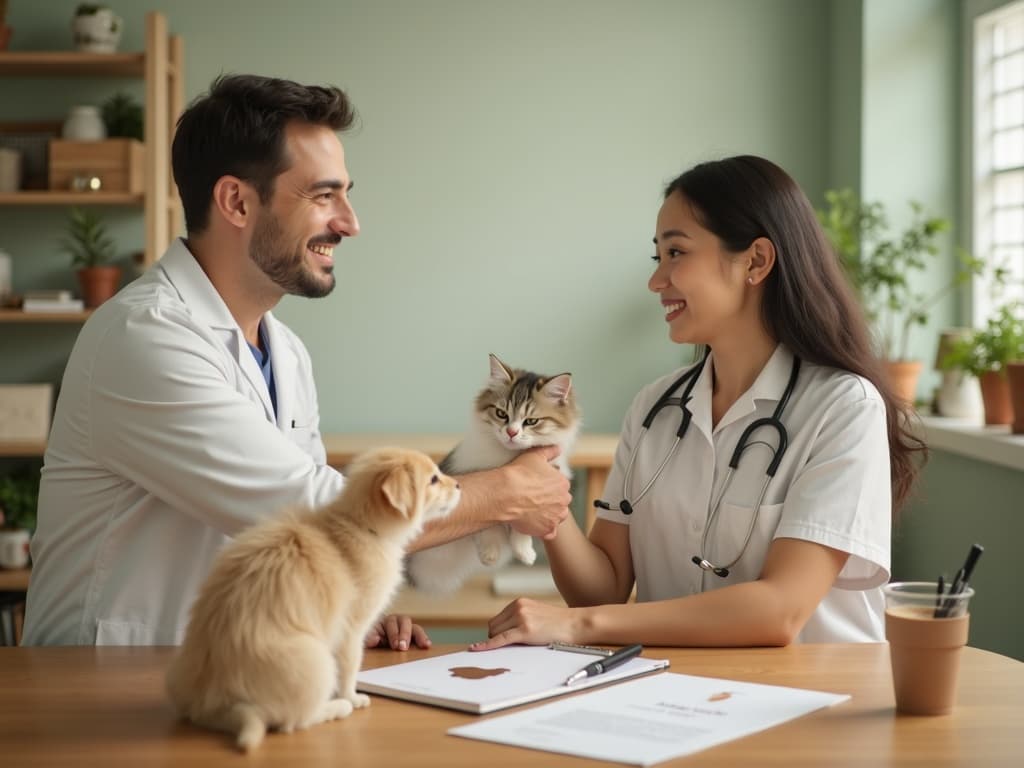 Handshake between a Thai veterinarian and a small business owner with brand collateral on the table