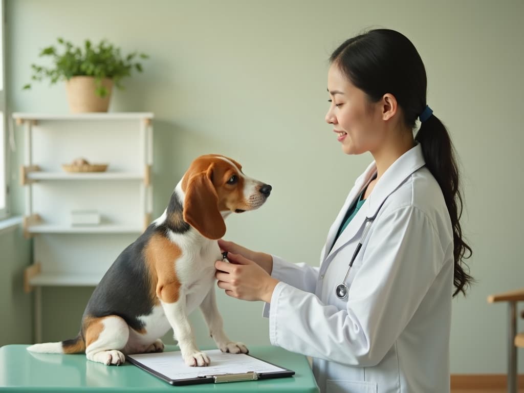 Veterinarian examining a calm beagle on a clinic bench with a clipboard