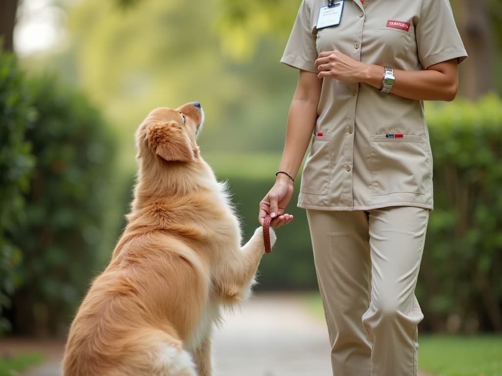Verified LAMOON pet worker in uniform with name badge and a golden retriever at heel