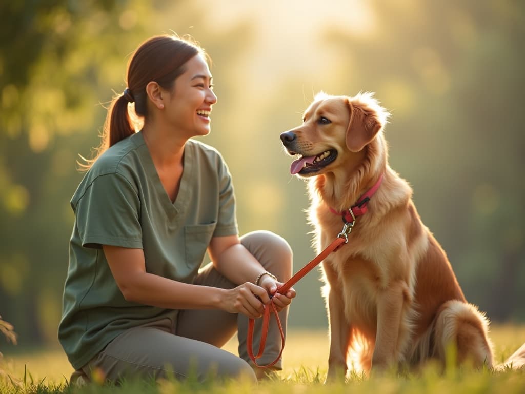 Smiling Thai pet worker holding a leash with a golden retriever in sunlight