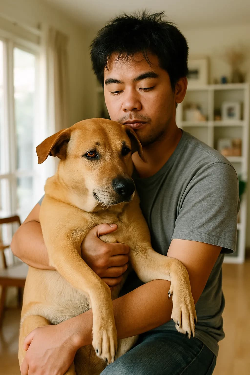 อุ้มสุนัขใหญ่แนบลำตัว