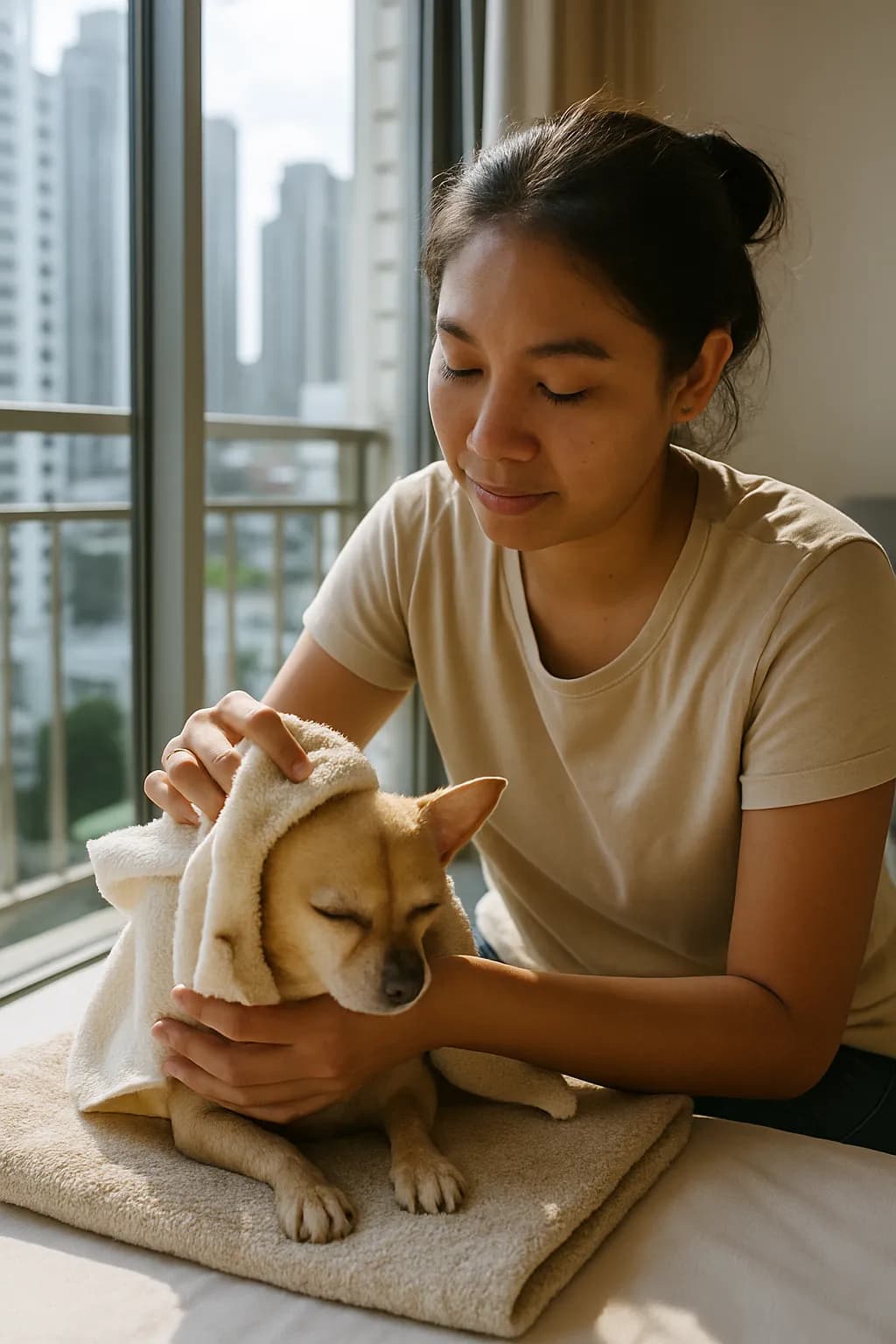 ผู้ดูแลชาวไทยเช็ดทำความสะอาดน้องหมาตัวเล็กบนผ้าขนหนู