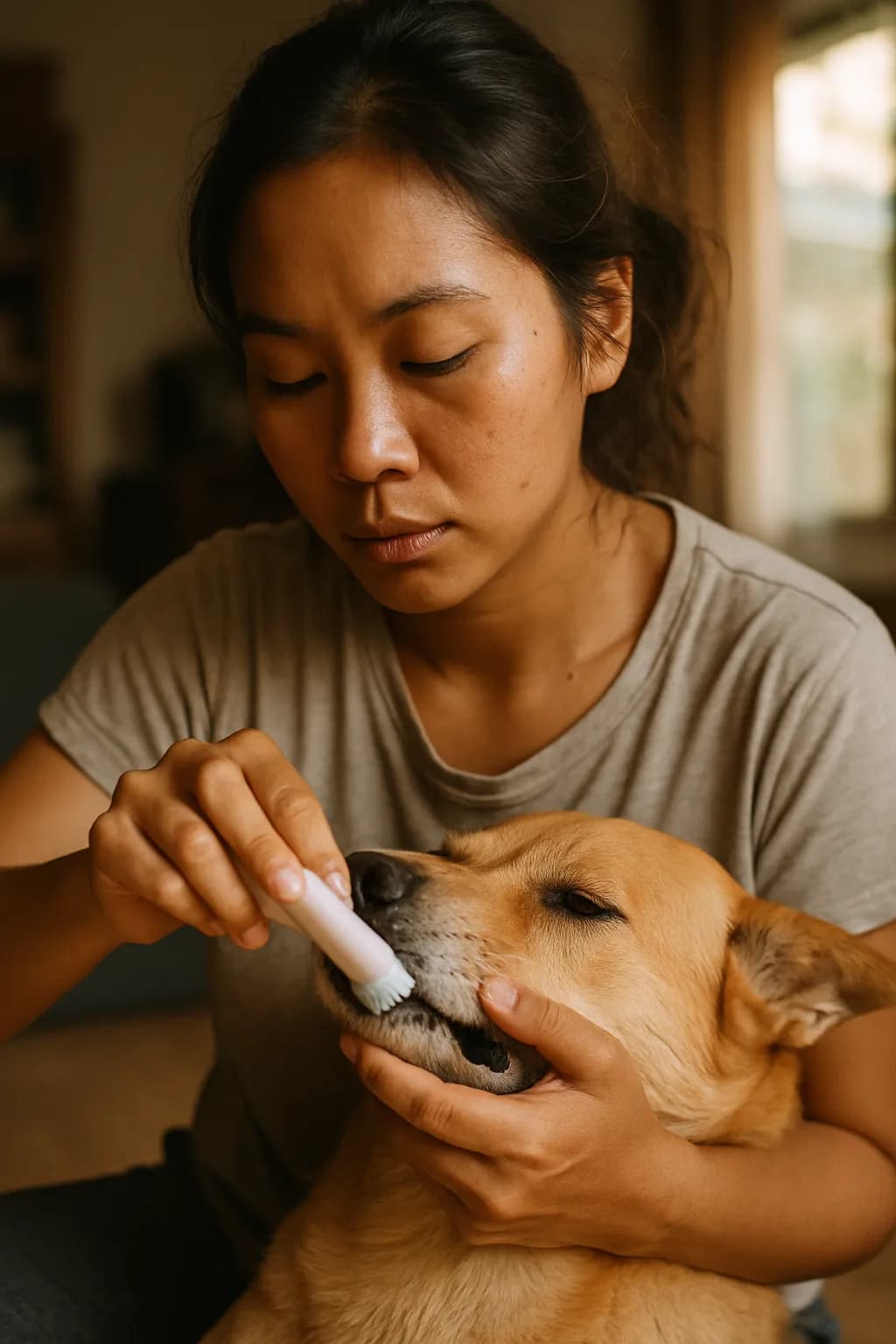 ผู้ดูแลชาวไทยแปรงฟันให้น้องหมาอย่างอ่อนโยนในบ้าน