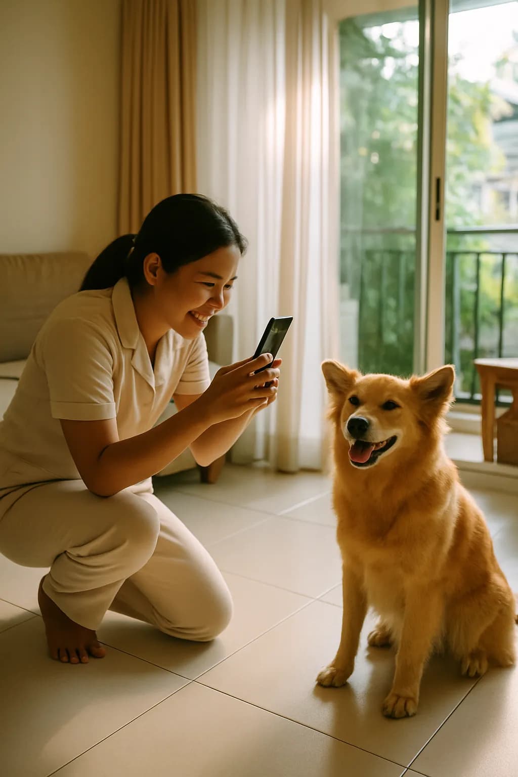 ผู้ดูแลถ่ายรูปน้องหมาเพื่อส่งอัปเดตให้เจ้าของ