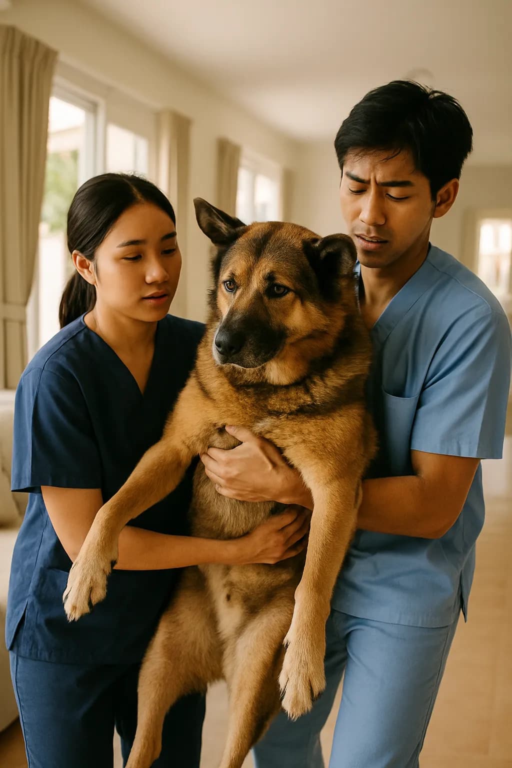 ผู้ดูแลสองคนช่วยกันประคองหมาตัวใหญ่