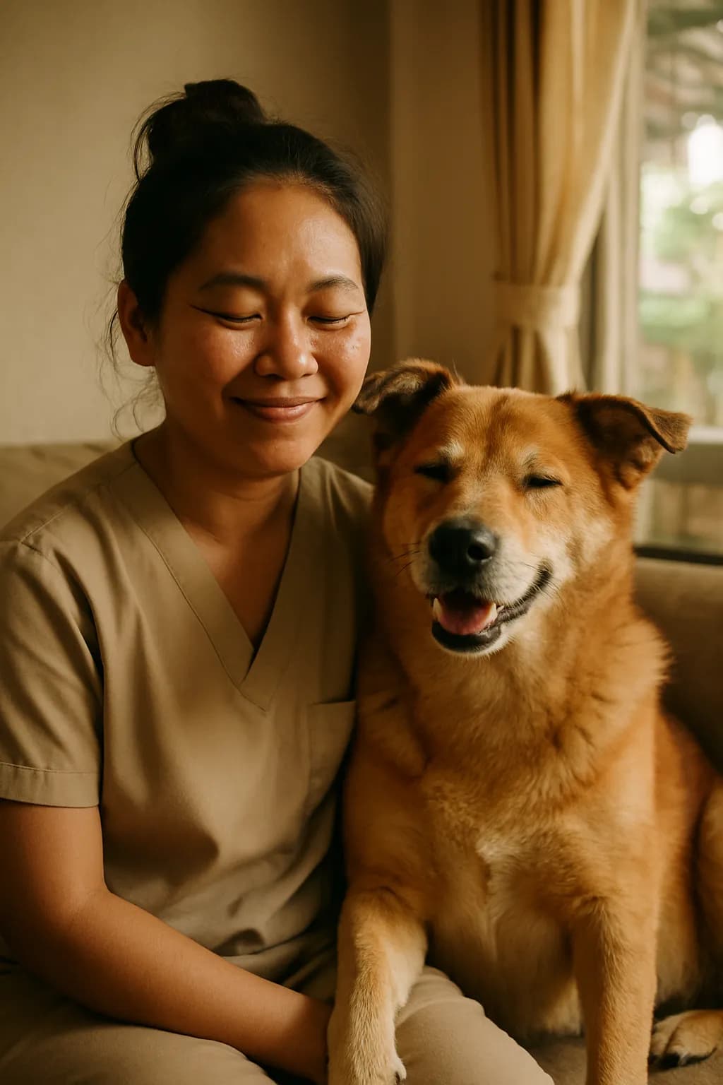 ผู้ดูแลและน้องหมาผ่อนคลายอยู่ด้วยกันหลังผ่านไปหลายวัน
