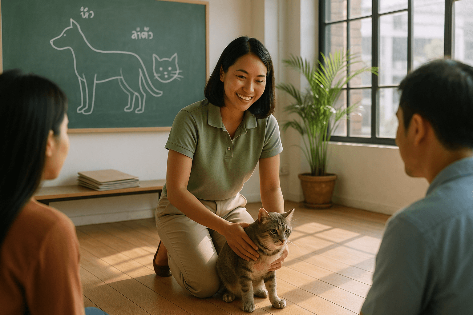 ผู้ก่อตั้ง LAMOON สอนการอุ้มแมวอย่างปลอดภัยในสตูดิโอเรียนรู้ pet care กรุงเทพ