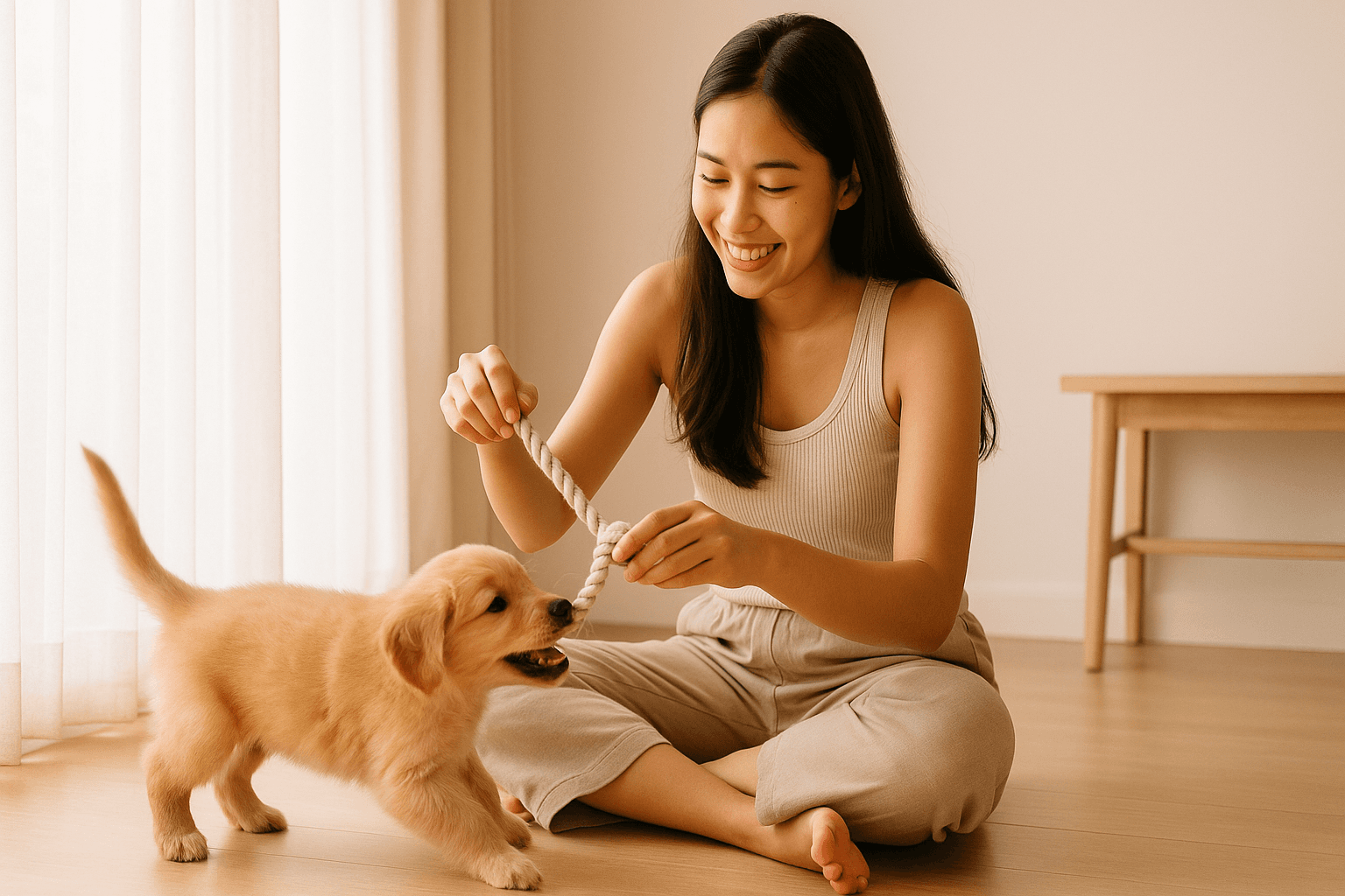 เจ้าของเล่นกับลูกหมาในบ้านอย่างสนุกสนาน