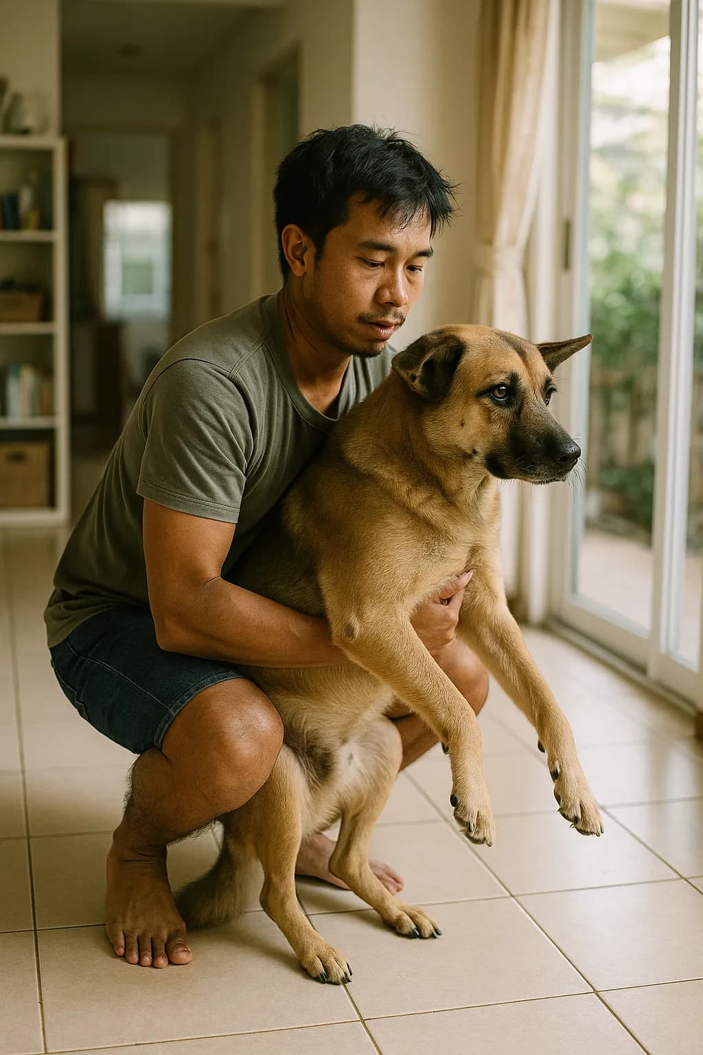 ผู้ดูแลย่อเข่าอุ้มสุนัขพันธุ์ใหญ่ด้วยท่าที่ถนอมหลัง